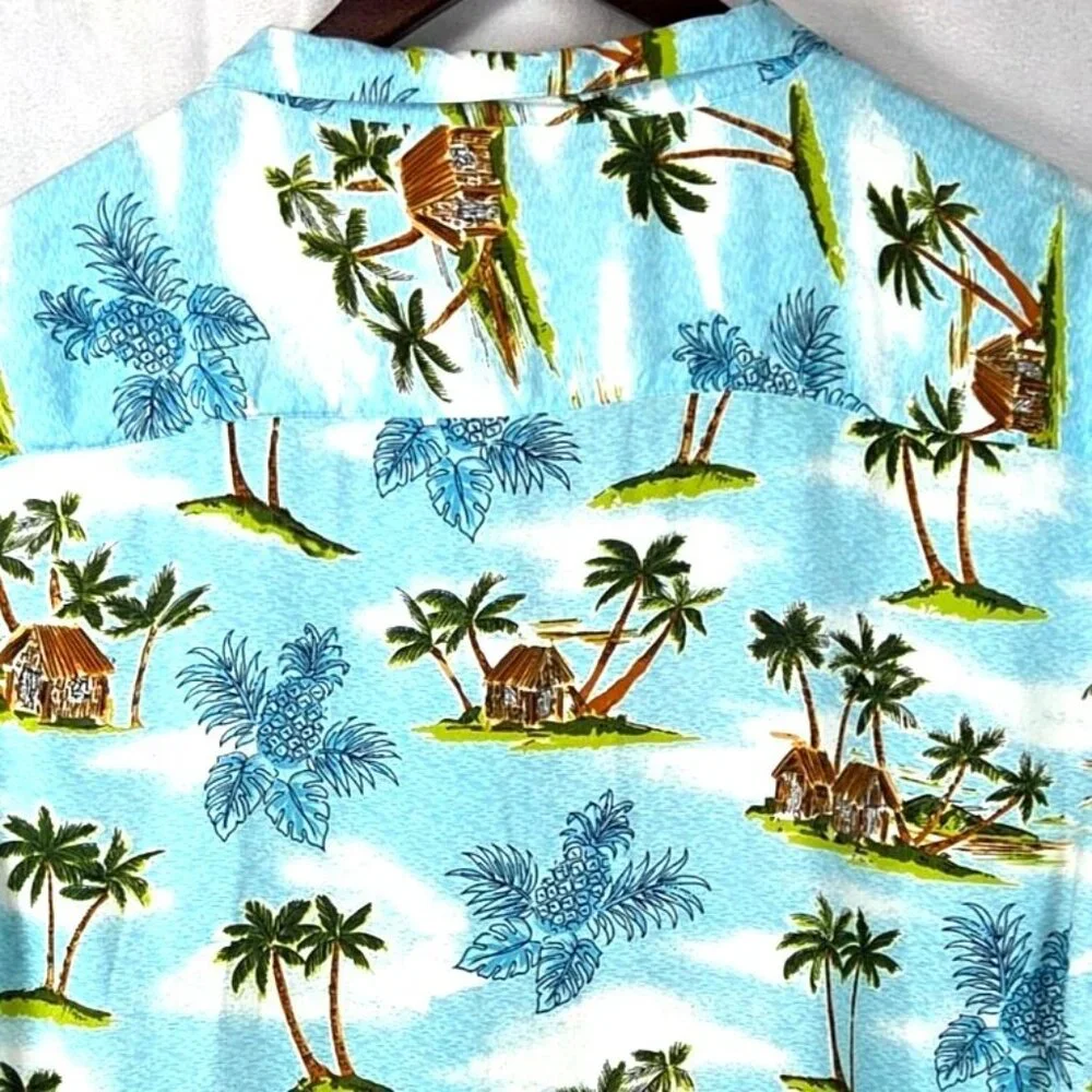 MBX Cabana Collection Blue Tropical Hawaiian Palm Tree Print Button Up Shirt L - Picture 4 of 6
